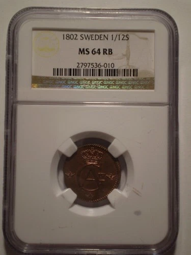 21CZ1 Sweden 1802 one 12th skilling NGC MS64 RB