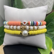 3 PC Set Heishi 7 Plus Stretch Bracelet Polymer Clay Beads Pearl B8133