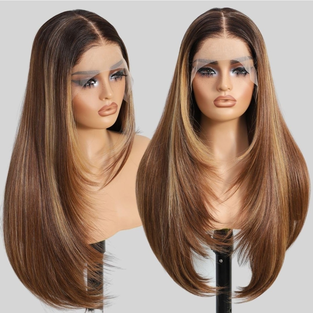 Human hair blend brown/blonde lace front wig 16 MITIMTES Omber Honey Blonde Highlight Curly Lace Front  main image 4