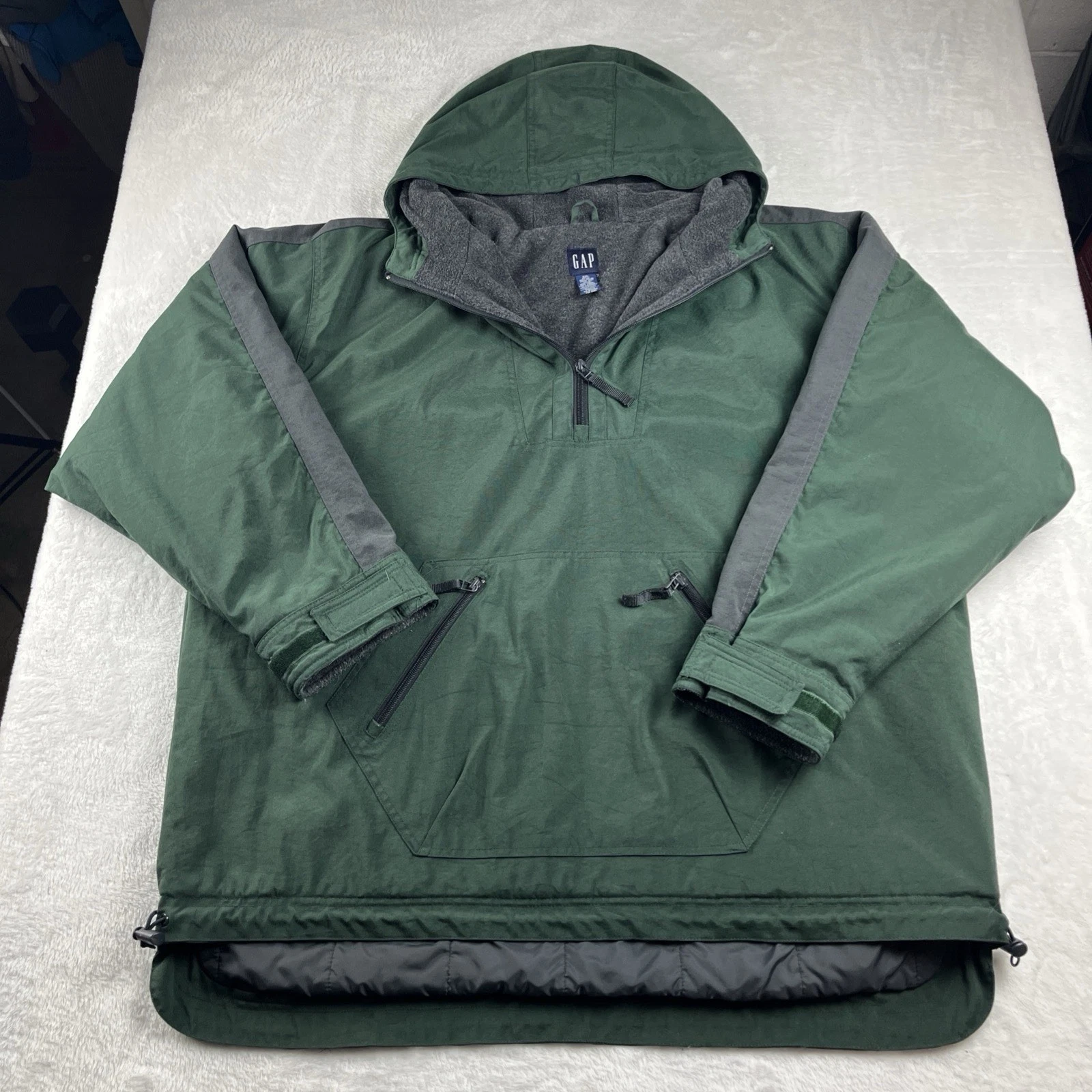 Vintage GAP Men’s Warm Hooded Anorak Jacket Green Fleece Lined 1/2 Zip Size XXL