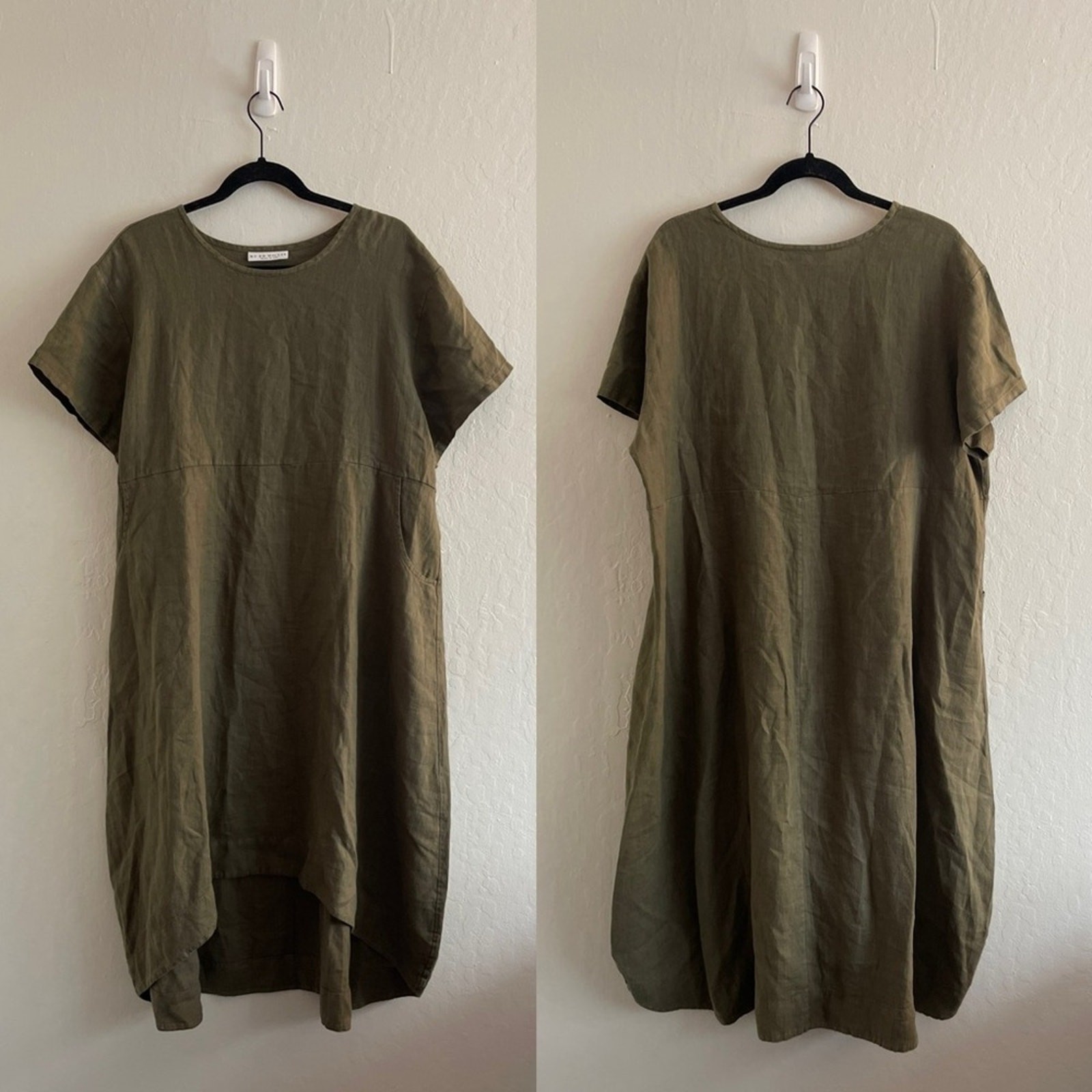 Bryn Walker Basketweave Linen Marina Dress Dark Green Lagenlook Womens Small
