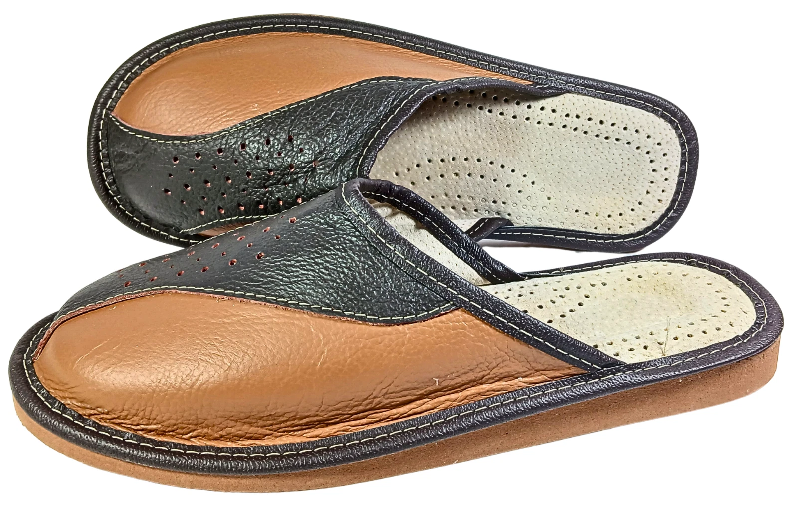 Men's Leather Slippers Handmade Poland Full Grain House Shoes Sheepskin Mules