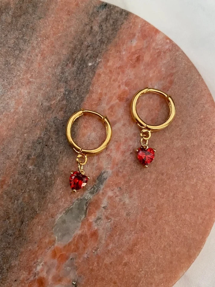 Heart Cut Lab Created Garnet Womens Hoop Earring 14K Yellow Gold Plated Silver - Image 2 of 4