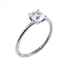 Sterling Silver Engagement Rope Design Ring w/ 6mm 1.25ct Cushion Cut CZ Stone
