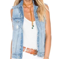 Lovers + Friends Denim Distressed Oversized Jean Vest size XS Womens Boho Grunge