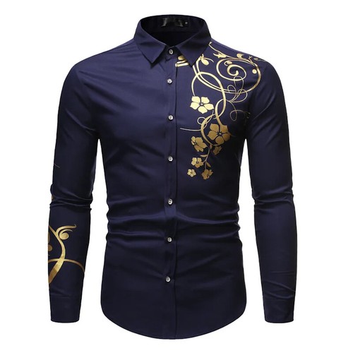 Stylish Gold Flower Print Black Shirt Men 2025 Spring New Slim Fit Long - 第 6/33 張圖片