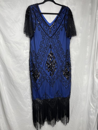 Pretty Guide 1920s Flapper Dress Blue With Black Beaded Overlay & Fringe Size 3X
