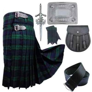 Neu Herren Scottish Kilt Set 5 Yards schwarz Uhr Tartan Sporran 6 Stck. Acryl Wolle