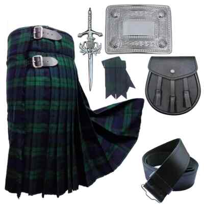 Neu Herren Scottish Kilt Set 5 Yards schwarz Uhr Tartan Sporran 6 Stck. Acryl Wolle