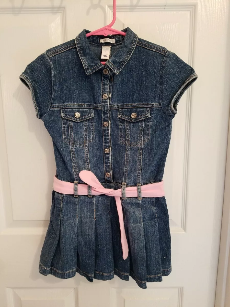 Old Navy Girls Denim Dress S S With Pink Sash Belt Pleats On