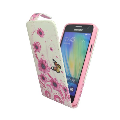 CASE FOR SAMSUNG GALAXY A3 WHITE PINK SWIRL FLOWER BUTTERFLY PU LEATHER COVER - Picture 2 of 5