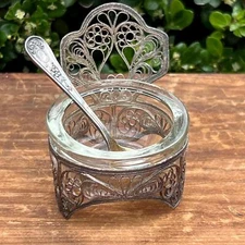 Vintage Russian Chair Shaped Filigree Open Salt & Spoon