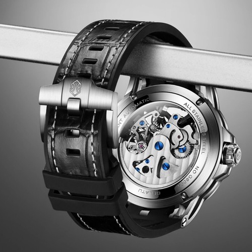 Relojes mecánicos automáticos esqueleto para hombre correa de cuero de cristal de zafiro luminoso - Imagen 6 de 13