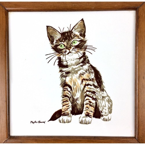 Leinwandhandwerk Katze Kätzchen Untersetzer Fliese Kunst Phyllis Howard Korkrücken Holz gerahmt - Bild 4 von 12