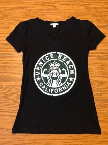 Women's Black V-Neck Starbucks Venice Beach, California T-Shirt Muscle Beach - Picture 2 of 5