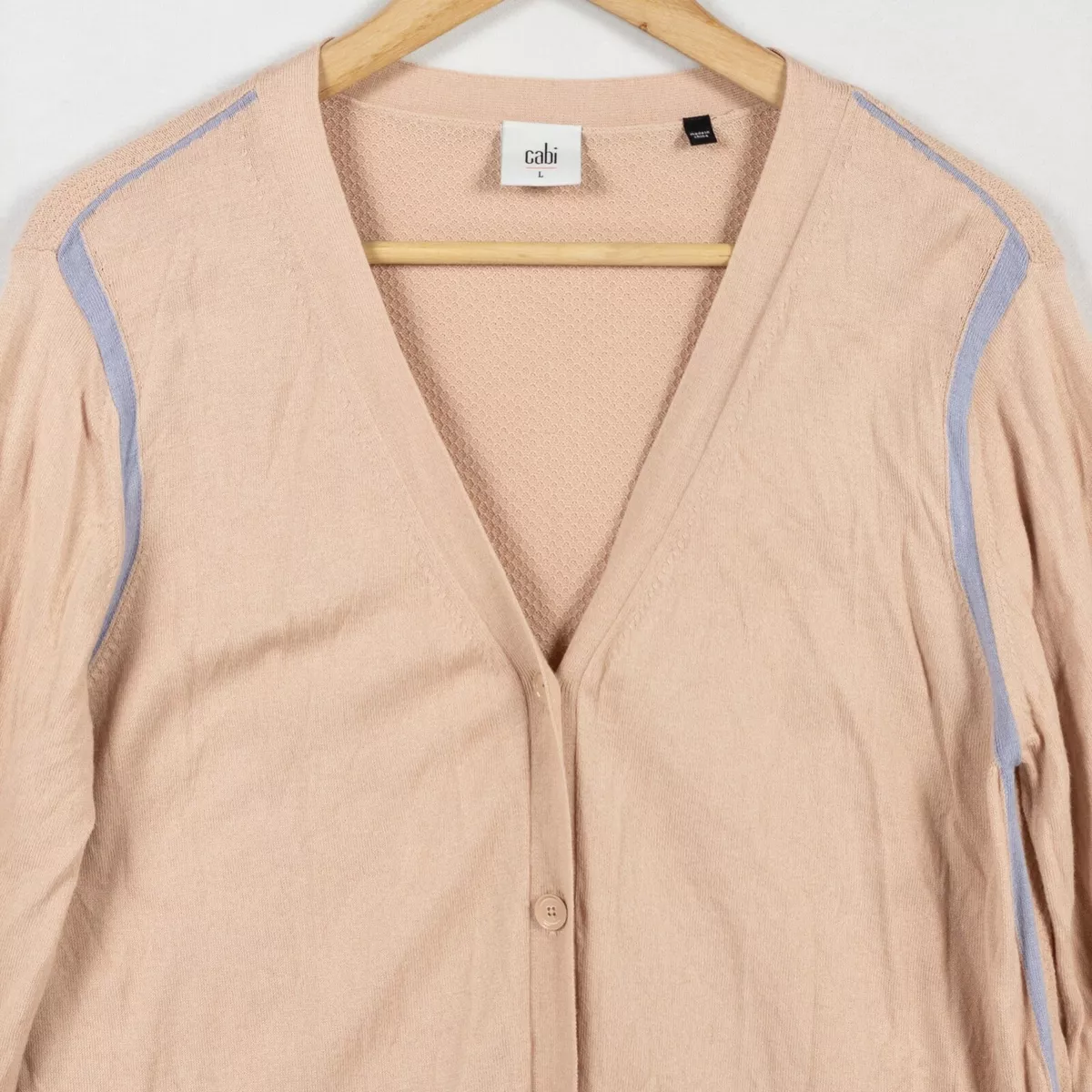 Cabi Lucy Button Front Cardigan Sweater L Large Light Pink Blue Trim Style 5288