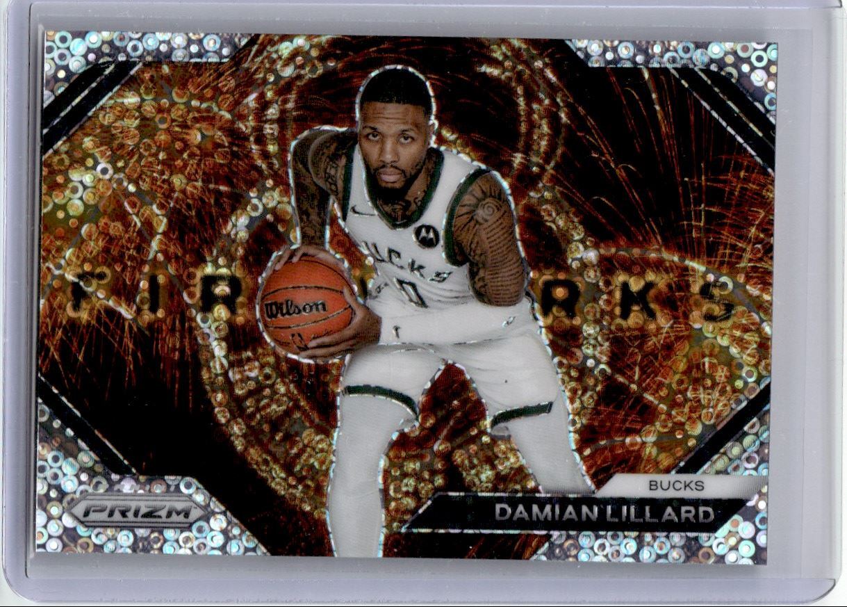 2023-24 Panini Prizm Silver Disco Damian Lillard Fireworks Milwaukee Bucks #14