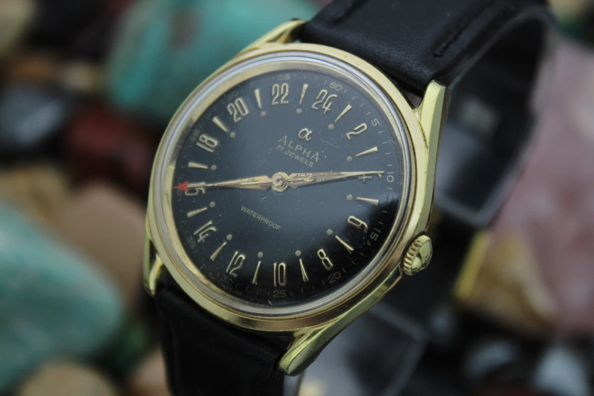 Vintage ALPHA 17 Jewel True 24Hr Gilt Dial Gold Filled Pilot Men s