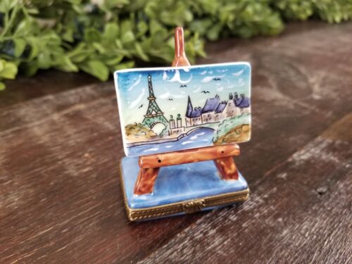 Vintage Limoges handbemalt Eiffelturm Gemälde auf Staffelei Schmuck Box * mit Zertifikat - Bild 1 von 9