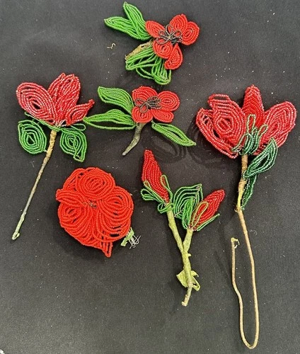 Vintage French Seed Bead Flowers Handmade Red Christmas Flowers -S56