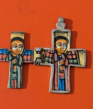 Vintage Ethiopian Orthodox Cross Pendant Hand Painted Icon Style Hinged