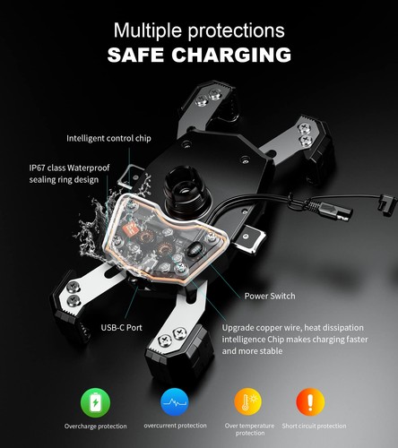 Motorcycle Phone Mount with Qi 15W Wireless Charger & USB C 20W Fast Charging... - Picture 3 of 7
