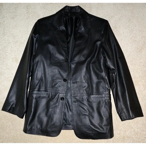 Vera Pelle Men's Black Leather 3 Button Blazer Size 46 Excellent Used Condition - product listing photo