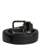 Dolce & Gabbana Black Textured Leather Silver Metal Buckle Men's Belt