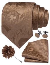 Khaki Paisley Tie Set Gift for Men Necktie Lapel Pin Hankerchief Cufflinks Set