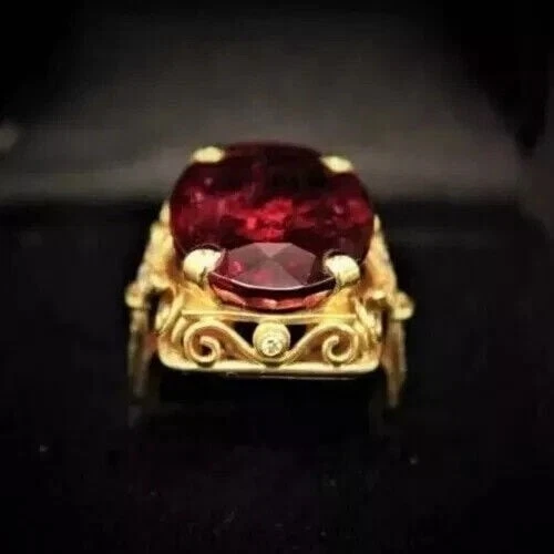 Anillo de regalo de cumpleaños para mujer con rubí rojo creado corte ovalado de 2,44 quilates de oro amarillo de 14 quilates Foto 2 de 4