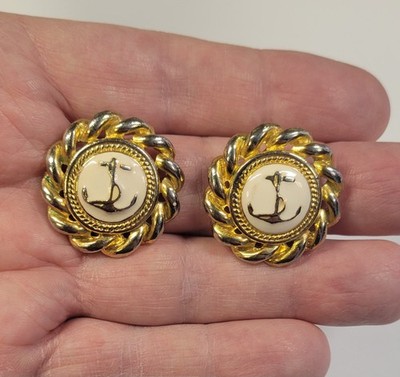 Nautical Anchor 22K Gold Plated White Enamel Clip On Earrings 1980s Joanna Hall
