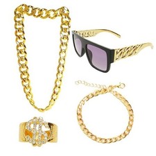 Gvhntk 4Pcs 80s 90s Hip Hop Costumes Outfit Kit Accessories Fake Gold classic