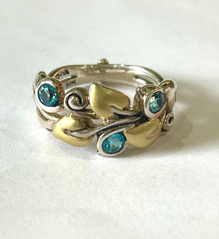 Signed Bixby Zen Garden Vine & Leaf Blue Topaz Silver & 18k Gold Ring Size 8.25