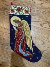 Needlepoint Christmas Stocking Praying Angel with Golden Wings Red Robe Wool
