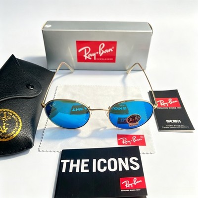 Ray-Ban RB3447 Round Metal Glod Frame Mirror Blue Lenses Sunglasses