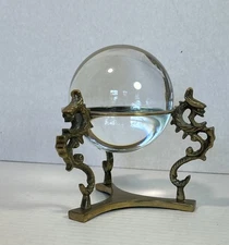 3” 80 mm Amlong Crystal Ball Sphere Meditation, + Brass Dragon Stand Boxed