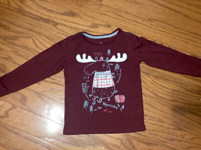 Boys Kids Korner Maroon Moose Long Sleeve Graphic Shirt Size 4 Holiday Christmas