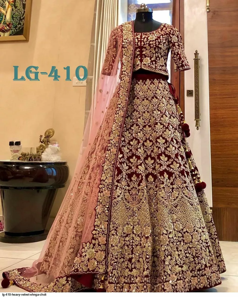 Bridal Maroon Velvet Lehenga Choli Indian Lengha Chunri Ethnic