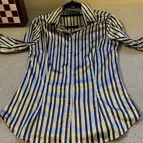 ZARA basic sz M woman button up striped shirt polyester/spandex multicolor - Picture 10 of 15
