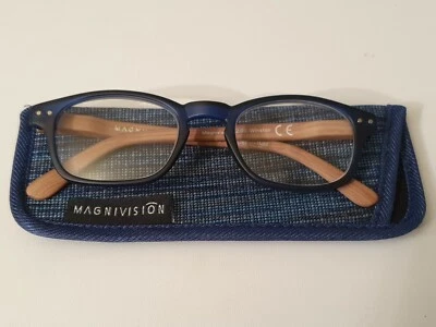 Magnivision - Winston Blue - Reading Glasses Wood Effect Arms + Case RRP £15.50