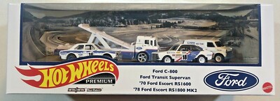 NEW 2021 HOT WHEELS PREMIUM GARAGE BOX SET FORD RACE TEAM C-800,VAN & 2 ESCORTS