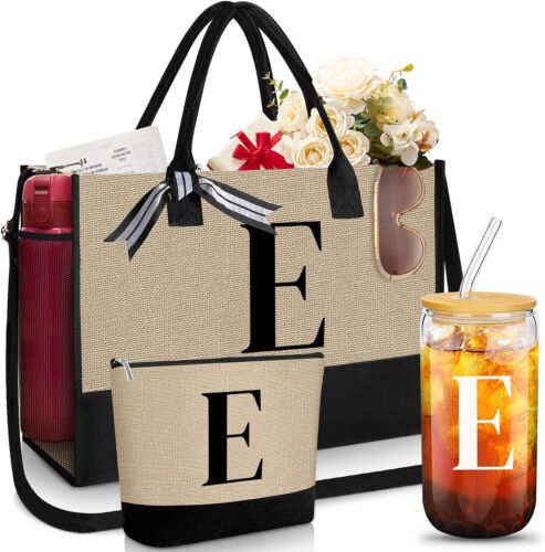 Initial Gifts for Women Jute Tote Bag Makeup Monogram Glass...