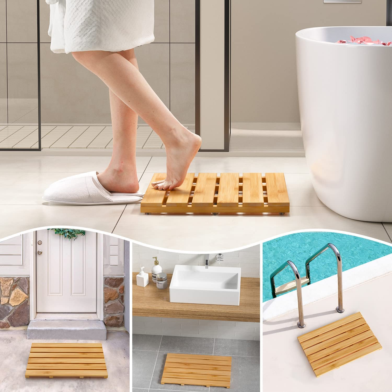 Bamboo Bath Mat for Bathroom Shower Mat Non Slip Waterproof Wooden Bath