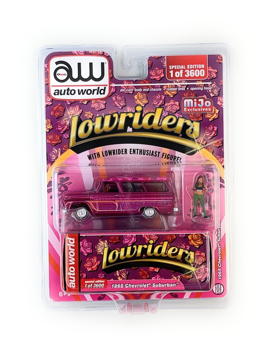 AUTO WORLD 1:64 1957 CHEVROLET SUBURBAN MAGENTA & FIGURE