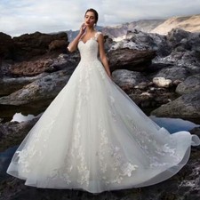 Boho A-Line Lace Applique Tulle Bridal Gown, Sleeveless Beach Wedding Dress Plus