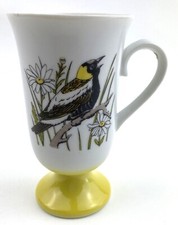 VTG Fred Roberts Footed Pedestal Cup Mug Porcelain MEADOWLARK Bird Yellow Japan