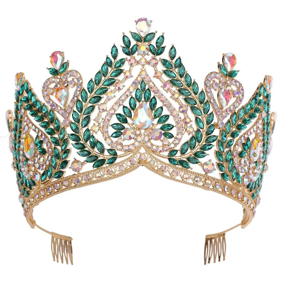 Reina de Picas, Corona de Cristal Verde, Corona de Peine de Oro, Corona de Desfile, Talla XL Foto 4 de 4