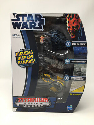 Star Wars Titanium 3 Pack Droid Tri-Fighter Clone Turbo Tank Jedi Starfighter