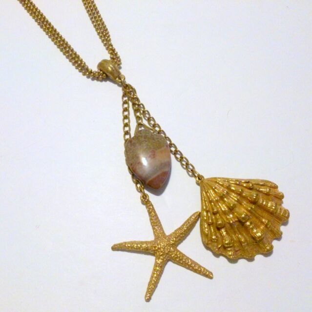Gold Tone Multi Chain Shell Starfish Agate Stone Drop Statement Necklace