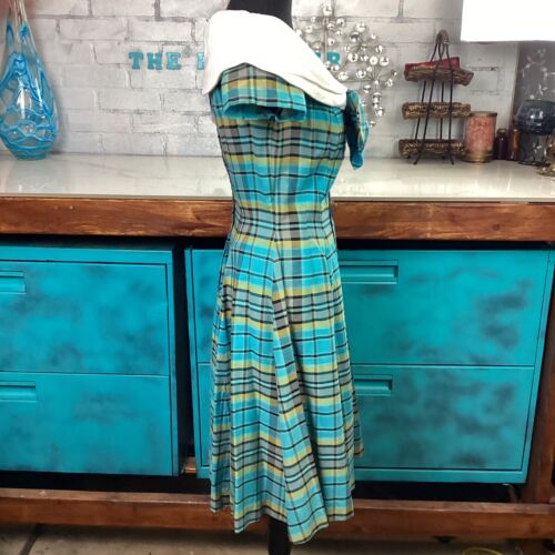 1950's Vintage Check Plaid Print Midi Tea Dress With Statement Bow Size XS - Picture 6 of 11